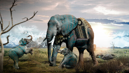 Fototapeta premium Authorial design, by image manipulation using the Adobe Photoshop program, the inspiration came from a wall with peeling paint that formed the image of 3 elephants, and I wanted to reproduce it with m