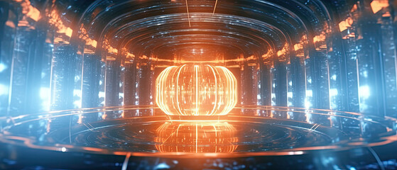 Interior of a nuclear reactor, showing the immense power of atomic energy. Light atoms and atomic particles, at the cosmic core of the universe. The Big Bang. Illustration created with Generative AI.