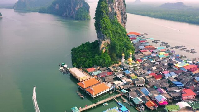 Aerial view of floating fishing village at Koh Panyee, Phang Nga Bay, Thailand, floating muslim fishing village in Thailand