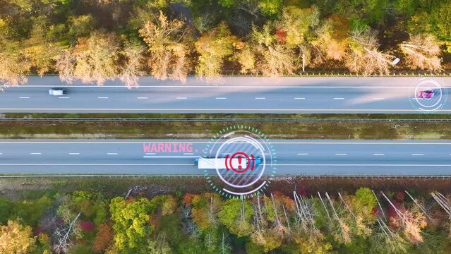 Autonomous truck failing to control self driving on american highway with fast moving autopilot traffic. Challenge with future of driverless transportation concept