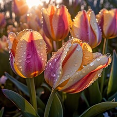 Macro close-up illustration of colorful tulips. Generative AI.