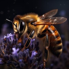 Macro close-up illustration of a bee on a pink lavender flower. Generative AI.