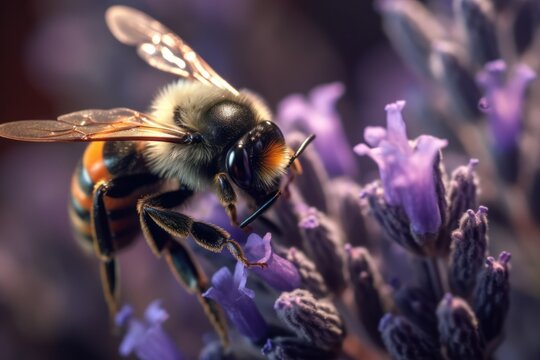 Macro close-up illustration of a bee on a pink lavender flower. Generative AI.