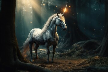 Obraz na płótnie Canvas Fairytale unicorn. Mythical animal with one horn. AI generated, human enhanced