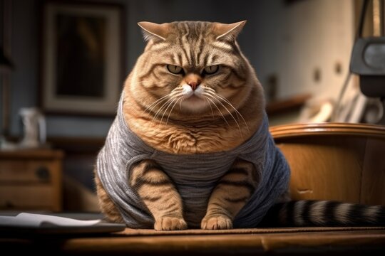 Portrait of a very beautiful plump fat cat in the office at work. AI generated, human enhanced