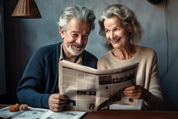 An older family, a couple of pensioners are reading a newspaper. AI generated, human enhanced - obrazy, fototapety, plakaty