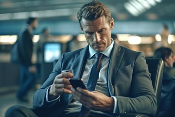Male businessman with smartphone in airport lounge. AI generated, human enhanced.