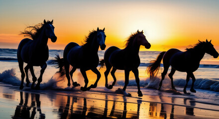 Fototapeta premium Wild horses running on the beach