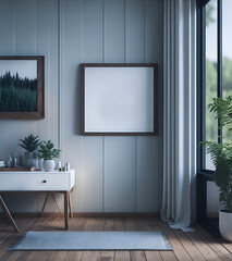 Mockup frame in interior background with rustic decor, 3d render