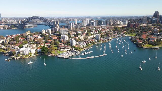Aerial drone view of Sydney Harbour and Sydney Harbour Bridge, NSW Australia looking over Kirribilli and toward Milson Park on a sunny morning 
