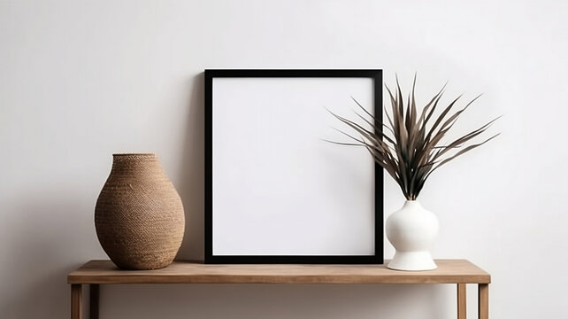 Empty Frame And Vase On The Shelf, In The Style Of Large Screen Sizes, Light Black And Black, 32k Uhd, The Aesthetics Of Snapshot, Cottagepunk, Simple, Sparse And Simple Shapes.