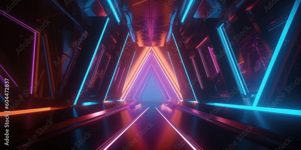 Poster 3d rendering of a futuristic background with geometric shapes and colorful neon lights. generative a