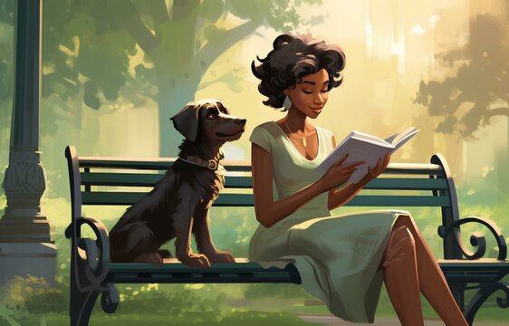 Black Woman Sitting On Bench In Park Reading A Book With A Dog, Cartoon Style Illustration. Generative AI