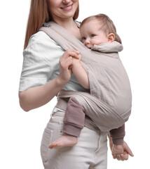 Mother holding her child in sling (baby carrier) on white background, closeup