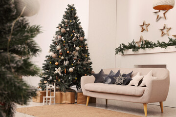 Living room interior with Christmas tree and festive decor