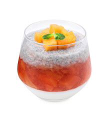 Delicious dessert with persimmon and chia seeds isolated on white