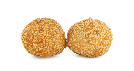 Two delicious sesame balls on white background