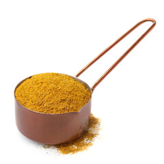 Scoop with curry powder isolated on white