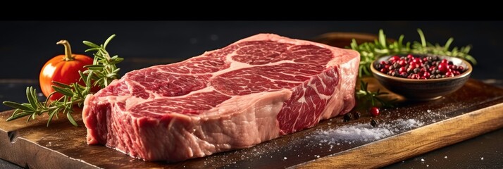 A Chunk of Raw Meat: A Fat and Protein Rich Pork Steak Generated by AI - obrazy, fototapety, plakaty