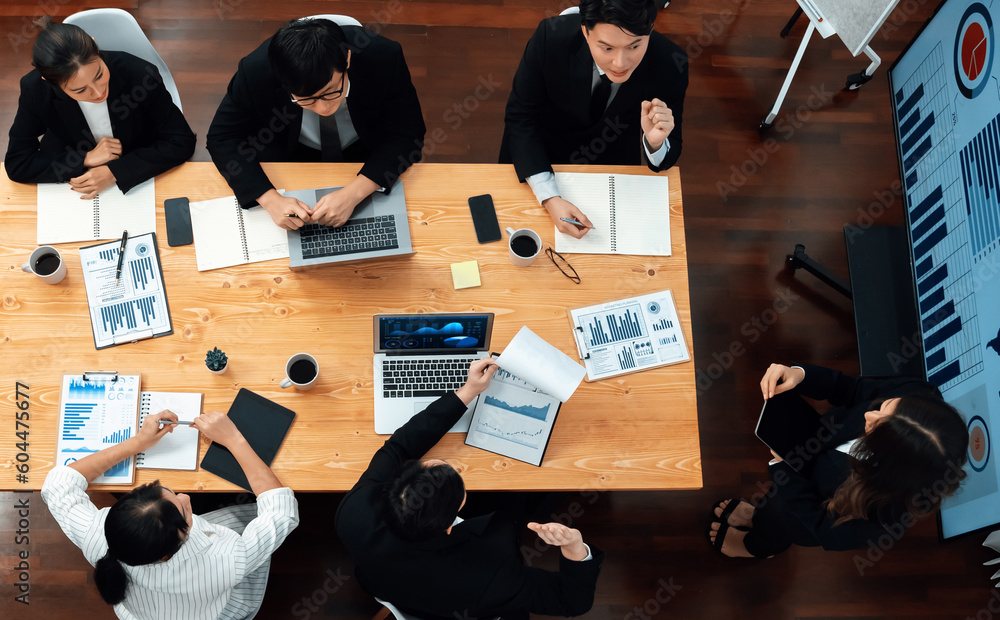 Poster top view manager or office worker give presentation in harmony conference room to business colleague