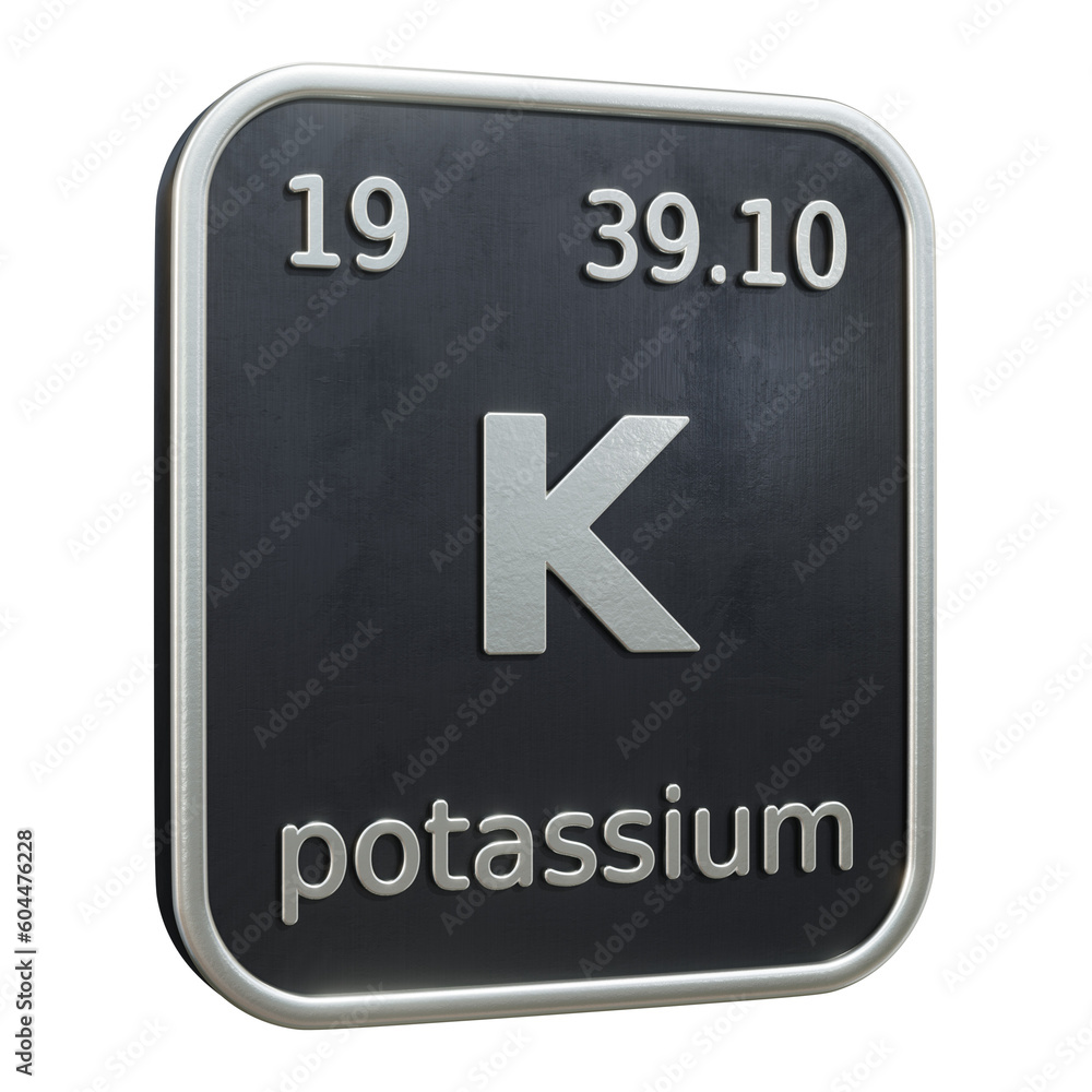 Fototapete Three-dimensional icon of the chemical element of Potassium isolated on transparent background. 3D rendering
