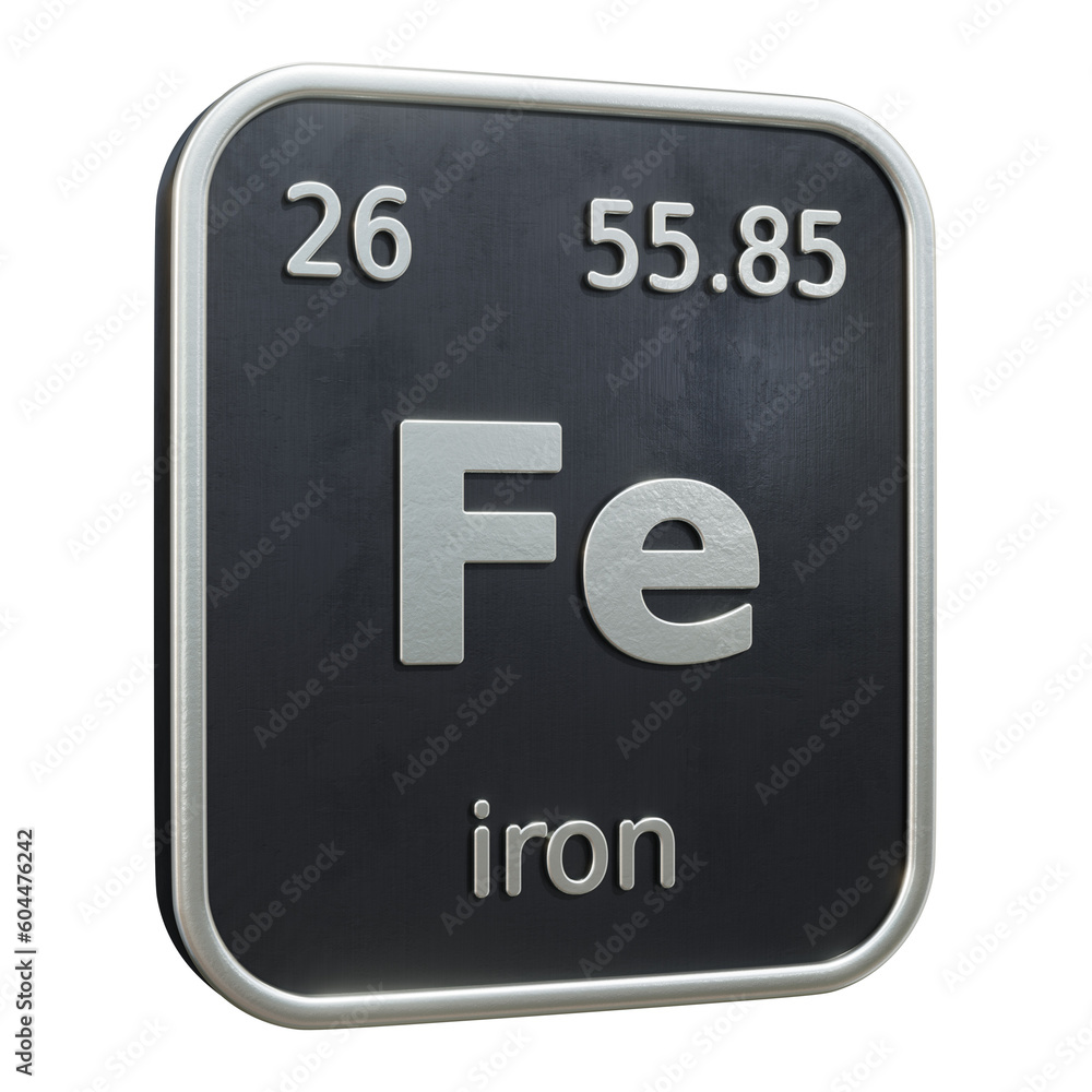 Fototapete Three-dimensional icon of the chemical element of Iron isolated on transparent background. 3D rendering