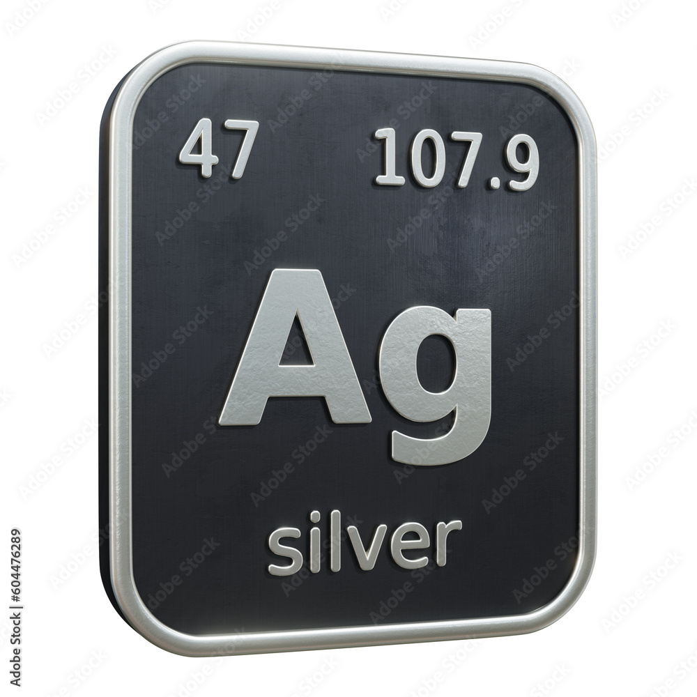 Poster three-dimensional icon of the chemical element of silver isolated on transparent background. 3d rend