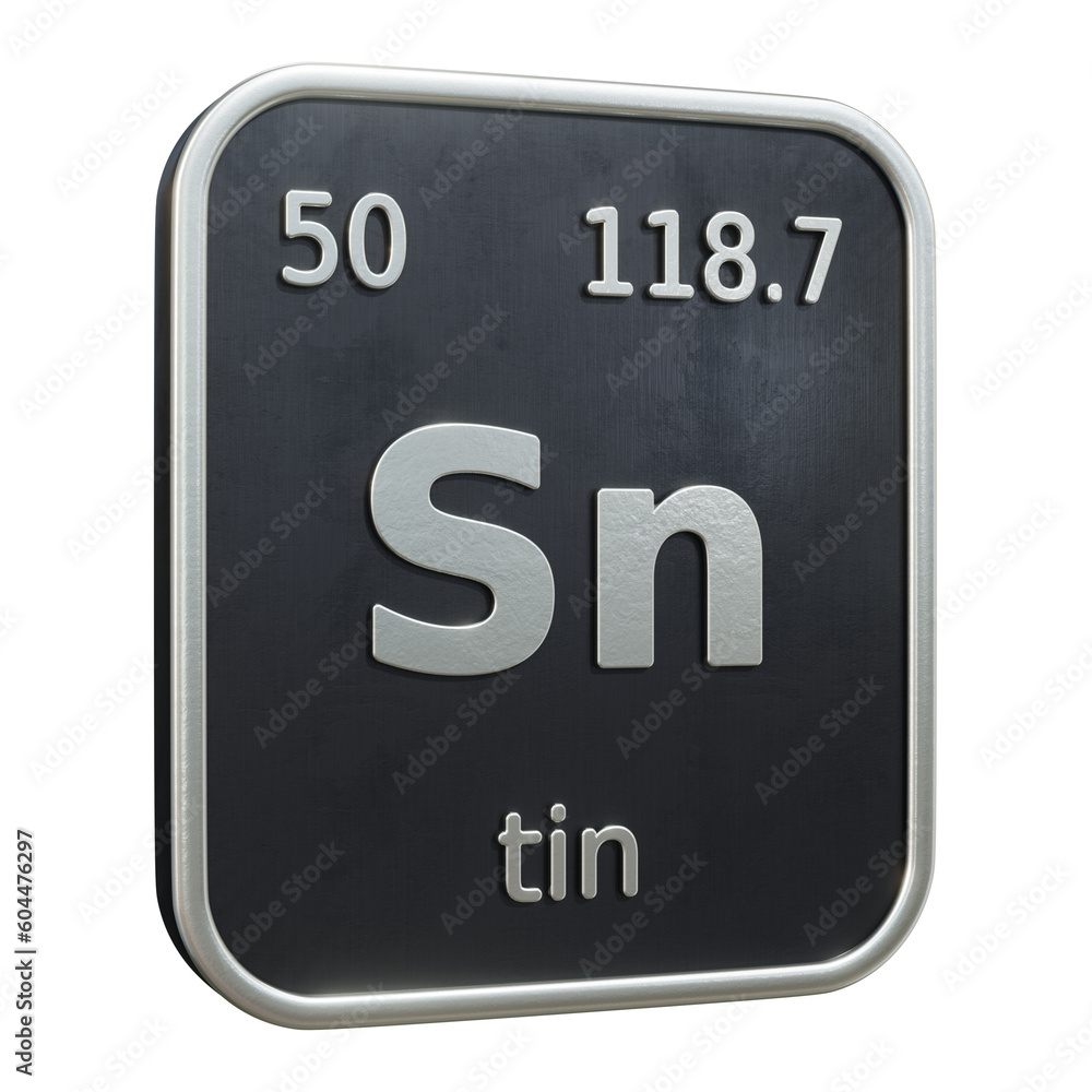Poster three-dimensional icon of the chemical element of tin isolated on transparent background. 3d renderi