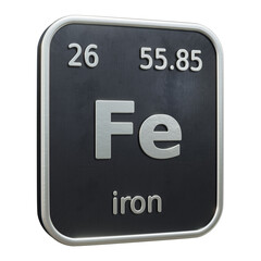 Three-dimensional icon of the chemical element of Iron isolated on transparent background. 3D rendering