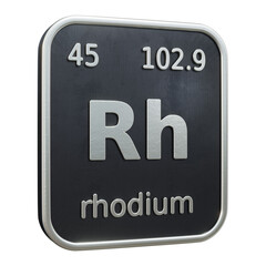 Three-dimensional icon of the chemical element of Rhodium isolated on transparent background. 3D rendering