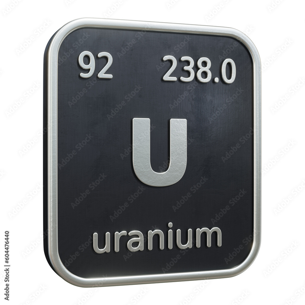 Poster three-dimensional icon of the chemical element of uranium isolated on transparent background. 3d ren