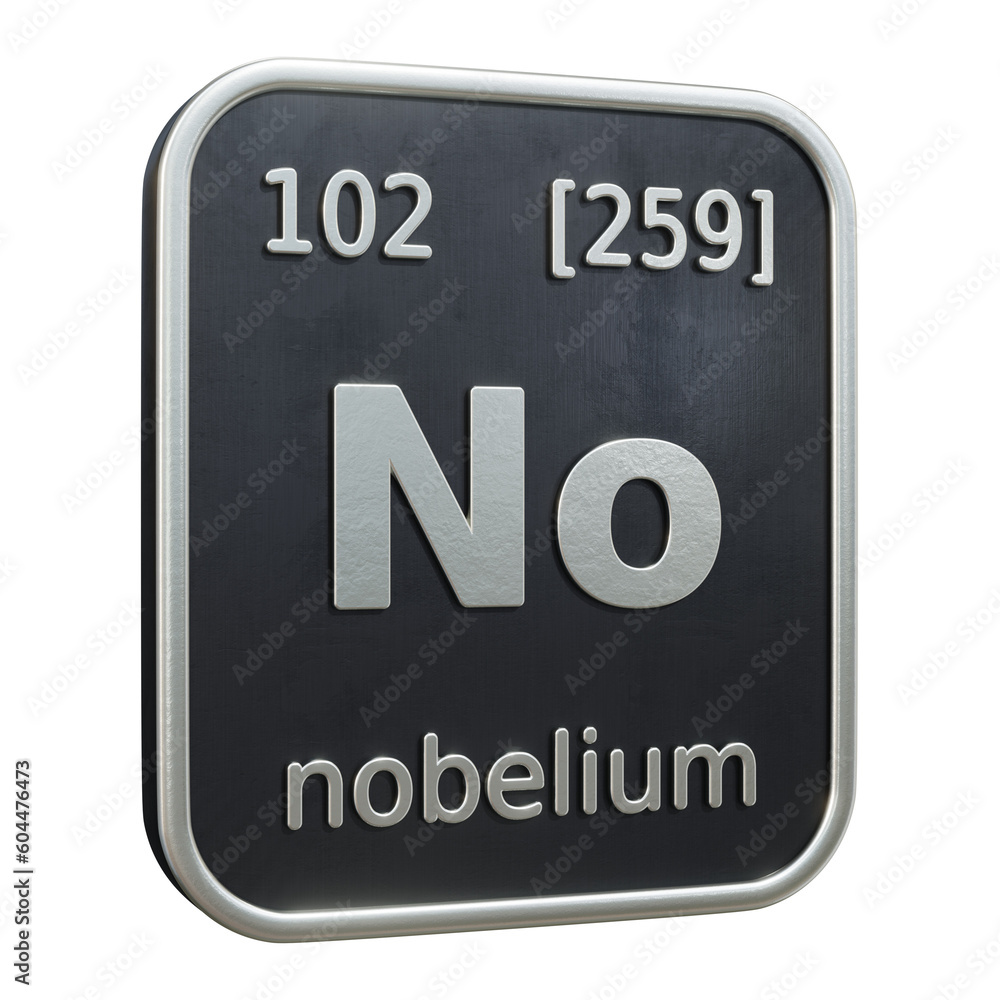 Poster three-dimensional icon of the chemical element of nobelium isolated on transparent background. 3d re