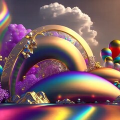 rainbow-themed abstract background with clouds and golden accents, generation ai