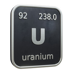 Three-dimensional icon of the chemical element of Uranium isolated on transparent background. 3D rendering