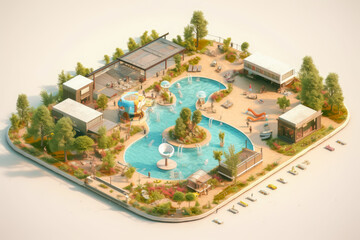 aereal view of a recreation zone, with swimming pools, generative, isometric illustration, ai
