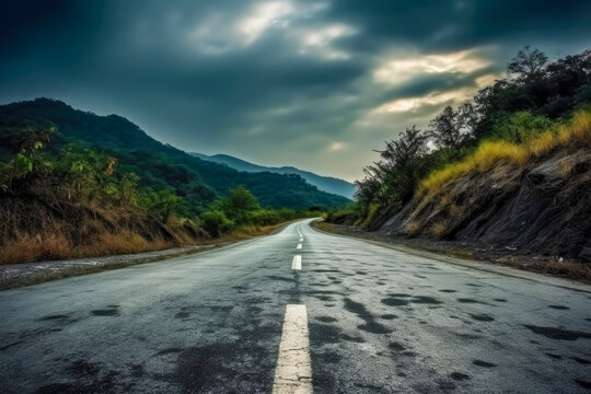 a empty road, mountains and clouds background, generative ai
