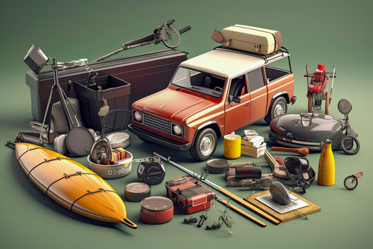 adventure tools, illustration, isolated background, generative ai