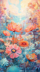 A painting of lush plants, flowers, and flowers in pink. AI generative