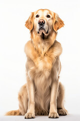 This image shows a golden retriever sitting on the ground, looking up at the camera with a serious expression. , Generative Ai
