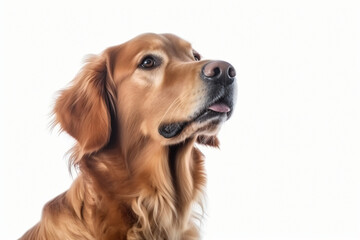 This image is of a golden retriever dog. The dog is looking up and has a long, floppy ear and a wagging tail, Generative Ai