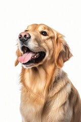 This image shows a golden retriever dog sitting on its hind legs with its tongue out, looking upwards, Generative Ai