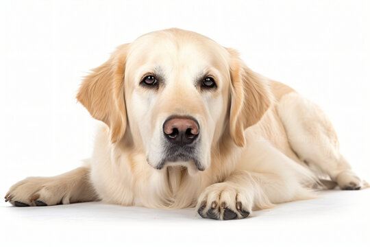 This image is a golden retriever dog lying on the ground with its head facing the camera, Generative Ai
