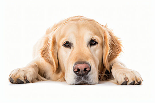 This image shows a golden retriever dog lying on its side with its head resting on its paws, Generative Ai