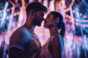 Portrait of a young couple kissing in the city at night. Ai generated. - obrazy, fototapety, plakaty