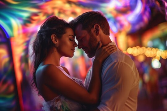 Young couple in love hugging in front of a colorful neon background. Ai generated.
