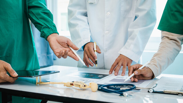 Meeting team of doctor and medical staff at hospital, Consultation about the treatment of heart disease, pneumonia, gastrointestinal and stomach diseases. and osteoporosis