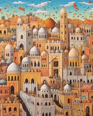 Fototapeta na wymiar Cities and mosques of the future in a detailed painting - Created with Generative AI Technology 