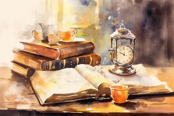 Fototapeta na wymiar Open book on table in watercolor painting style. AI generative