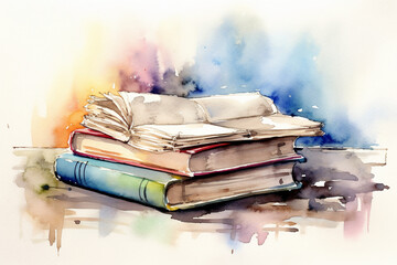 Open book on table in watercolor painting style. AI generative