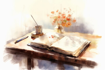 Naklejka na ściany i meble Open book on table in watercolor painting style. AI generative